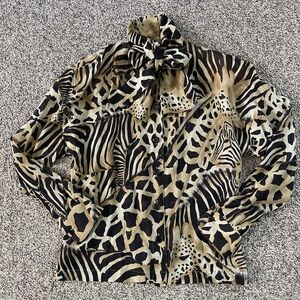 Escada Vintage 80s Lux Safari Silk Ribbon Bow Tie Neck Blouse Top 38